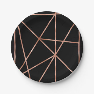 Fancy Rose Gold and Black Geometric Pattern Paper Plate