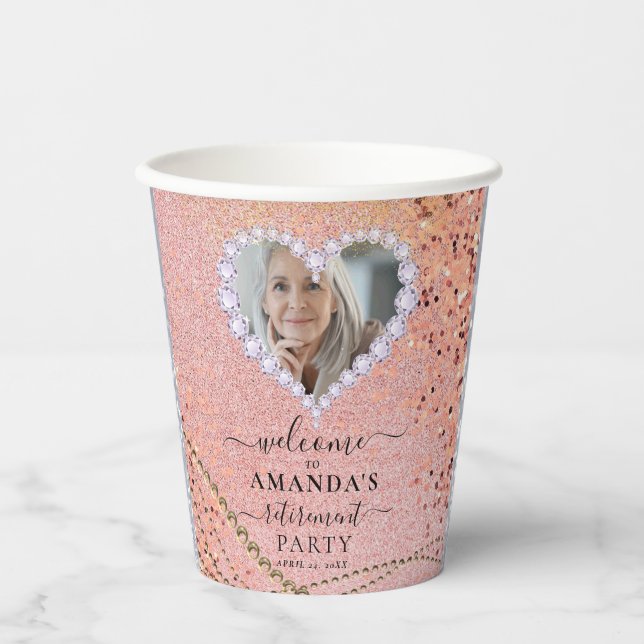 Fancy Rose Gold Sparkly Custom Photo Retirement Paper Cups (Front)