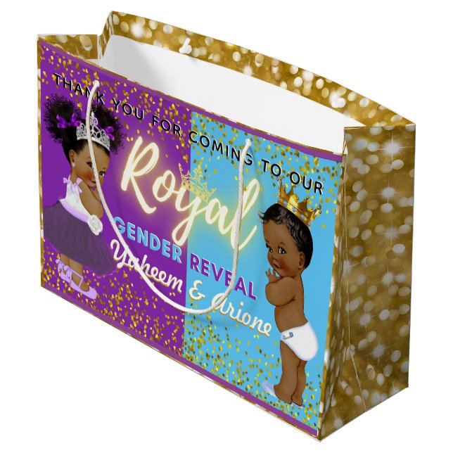 Fancy Royal African Gender Reveal Purple & Blue Large Gift Bag (Back Angled)