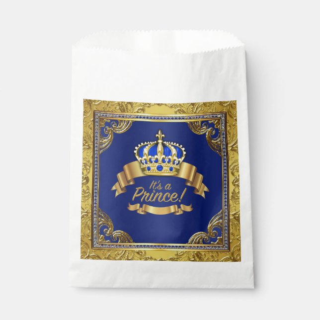 Fancy Royal Blue Gold Prince Baby Shower Favour Bags (Front)