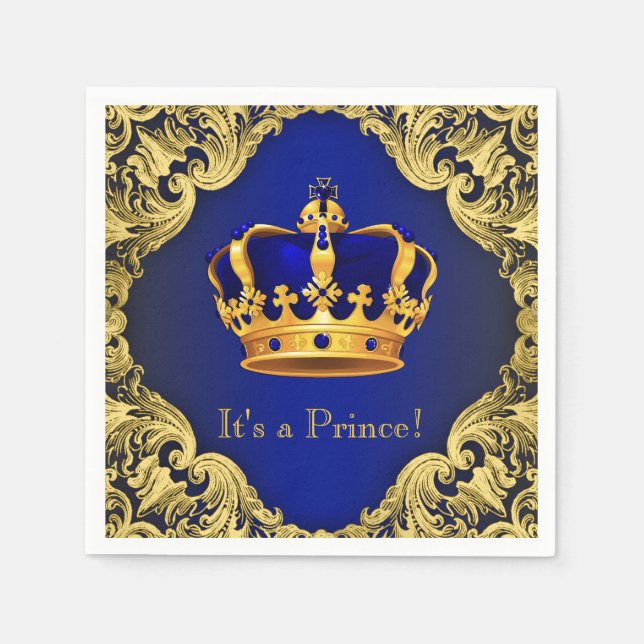 Fancy Royal Blue Gold Prince Baby Shower Napkin (Front)