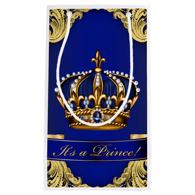 Fancy Royal Blue Gold Prince Baby Shower Small Gift Bag (Front)