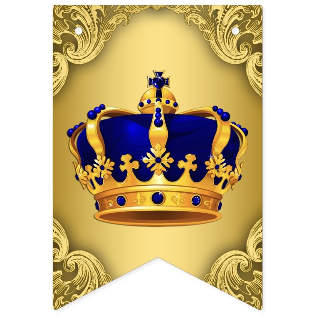 Fancy Royal Blue Gold Prince Crown Baby Shower Bunting (First Flag)