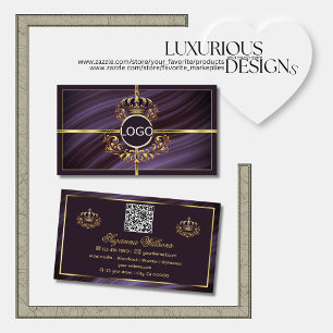 Fancy Royal Purple Gold Crown with Logo QR Code Business Card