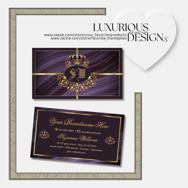 Fancy Royal Purple Gold Crown with Monogram Noble Business Card (Creator Uploaded)