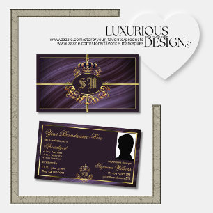 Fancy Royal Purple Gold Crown with Monogram Photo Business Card