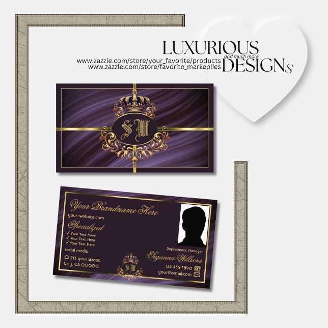 Fancy Royal Purple Gold Crown with Monogram Photo Business Card (Creator Uploaded)