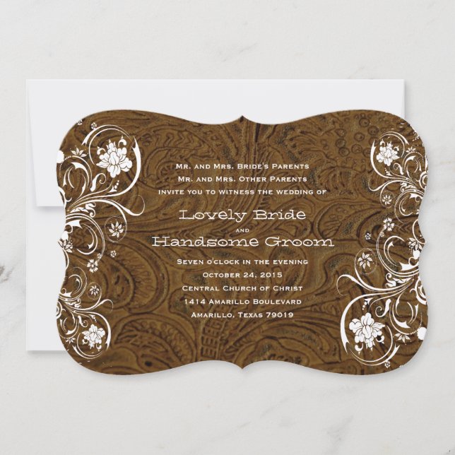 Fancy Rustic Brown Leather Wedding Invitation (Front)