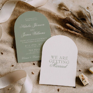 Fancy Sage Green Boho Modern Arched Wedding Invitation