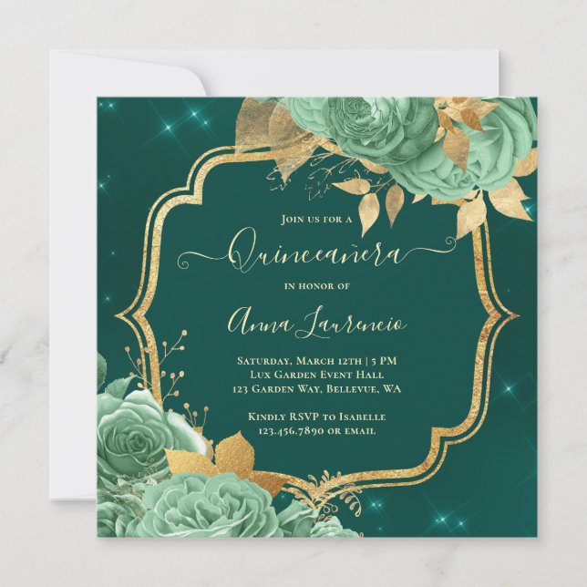 Fancy Sage Green Emerald Gold Floral Quinceanera Invitation (Front)