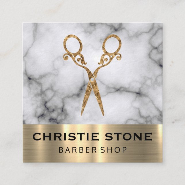 Fancy Salon Shears Marble Gold Trim Square Business Card (Front)