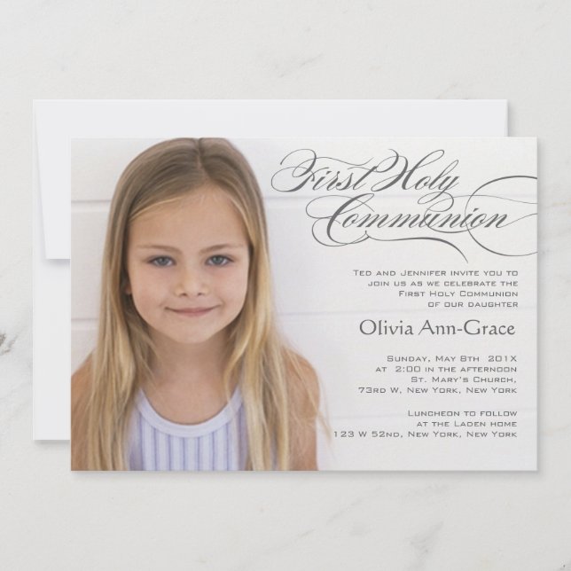 Fancy Script and Photo First Communion Invitations (Front)