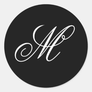 Fancy Script Calligraphy Black and White Monogram Classic Round Sticker