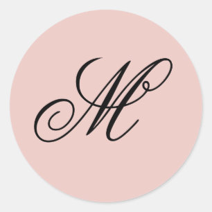 Fancy Script Calligraphy Blush and Black Monogram Classic Round Sticker