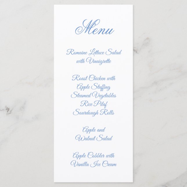 Fancy Script Calligraphy Cornflower Blue Menu (Front)