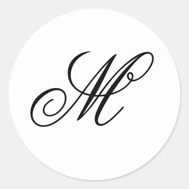 Fancy Script Calligraphy White and Black Monogram Classic Round Sticker (Front)