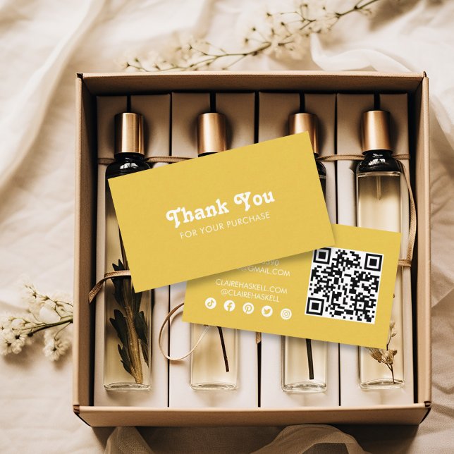 Fancy Script Chic Mustard Order Thank You Minimal  Business Card (Mustard yellow thank you business cards with social icons and QR code)