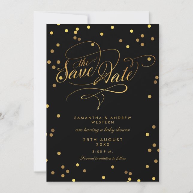 Fancy Script Confetti Baby Shower Save The Date Invitation (Front)