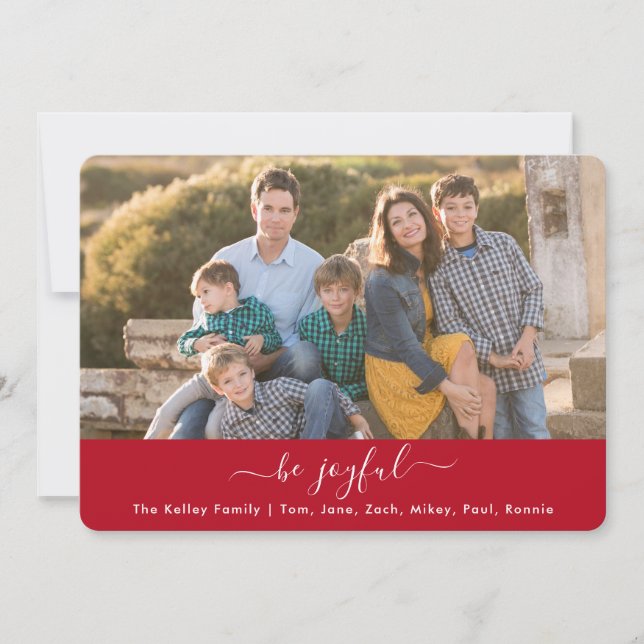 Fancy Script Custom Text Red Full Photo Holiday Card (Front)