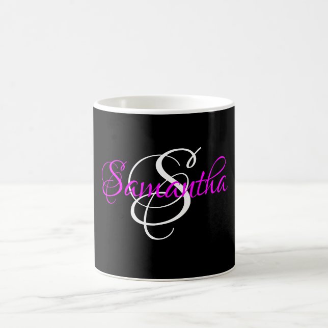 Fancy Script Customised Magenta Monogram Black Coffee Mug (Center)
