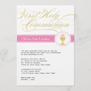 Fancy Script First Communion Invitations     Pink