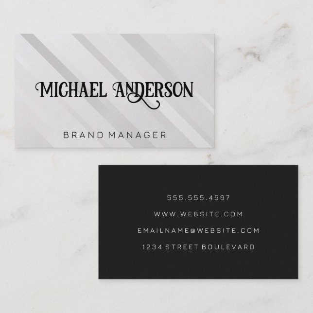 Fancy Script Font | White Grey Stripes Business Card (Front/Back)