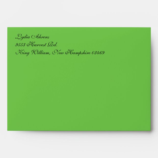 Fancy Script Green A7 Return Address Envelopes (Front)