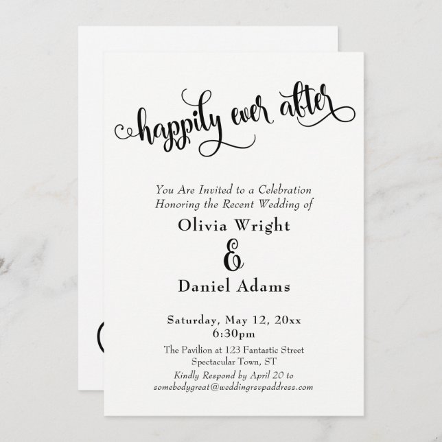 Fancy Script Happily Ever After Black & White Invitation (Front/Back)