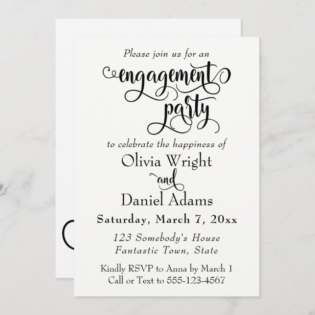 Fancy Script Letters Black White Engagement Party Invitation (Front/Back)