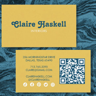 Fancy Script Mustard Yellow Chic Minimal Social QR Business Card