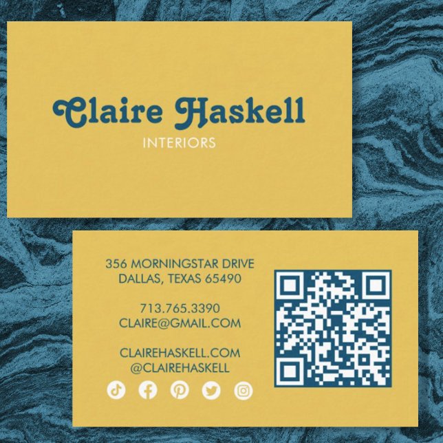 Fancy Script Mustard Yellow Chic Minimal Social QR Business Card (Creator Uploaded)