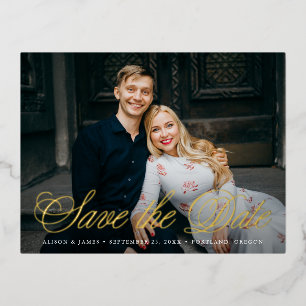 Fancy Script Photo Save the Date Foil Invitation Postcard