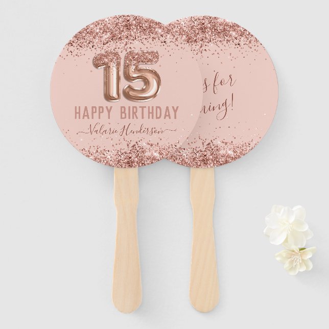Fancy Script Pink Glitter Happy 15th Birthday Hand Fan (Front and Back)