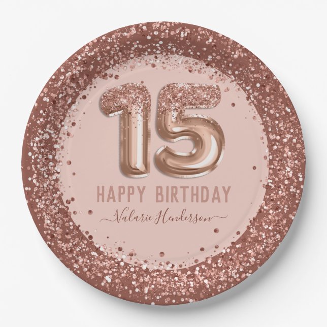 Fancy Script Pink Glitter Happy 15th Birthday Paper Plate (Front)