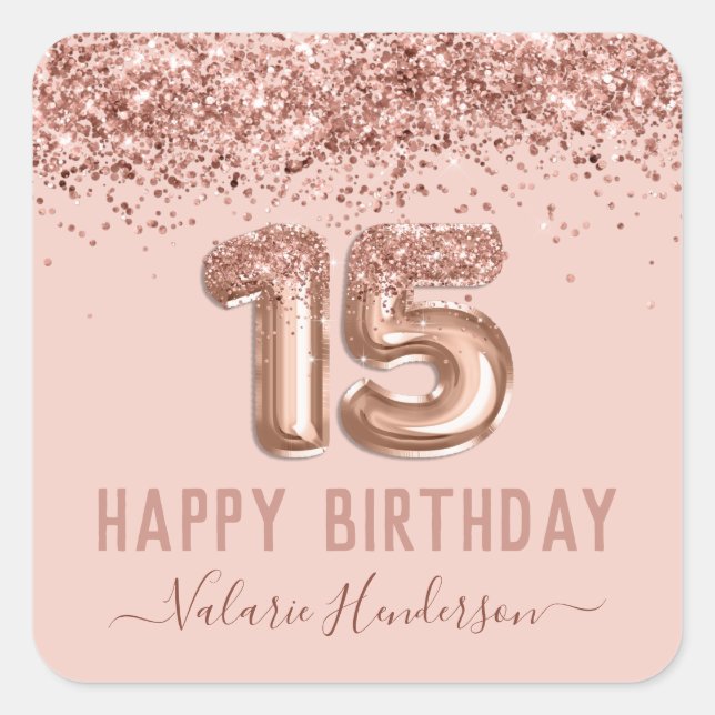 Fancy Script Pink Glitter Happy 15th Birthday  Square Sticker (Front)