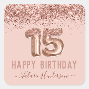 Fancy Script Pink Glitter Happy 15th Birthday  Square Sticker
