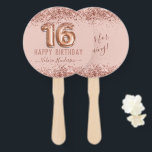 Fancy Script Pink Glitter Happy 16th Birthday Hand Fan<br><div class="desc">Girly glitter,  millennial pink background,  with fancy script name typography. Faux rose gold 16 balloon text. Great for sweet 16 celebrations.</div>