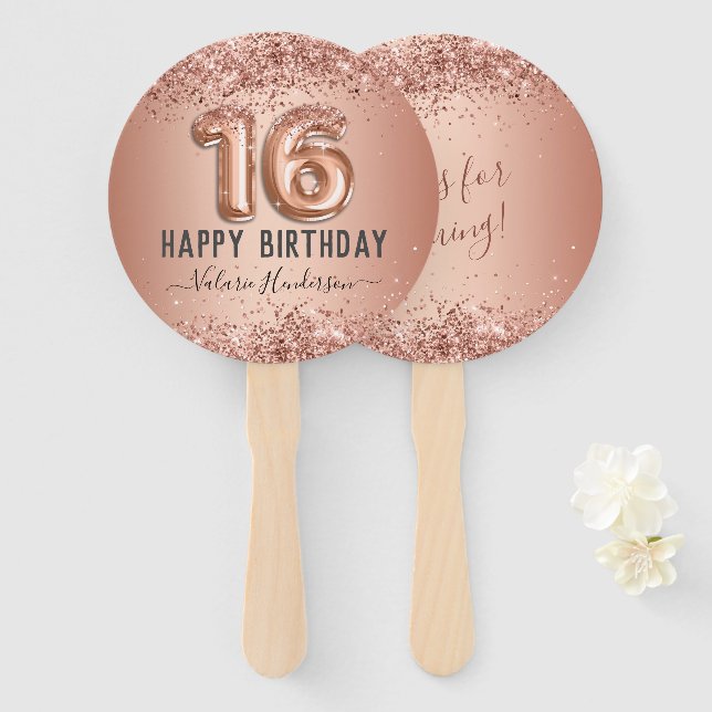Fancy Script Pink Glitter Happy 16th Birthday Hand Fan (Front and Back)