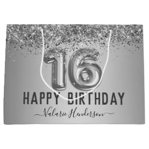 Fancy Script Pink Glitter Happy 16th Birthday Large Gift Bag