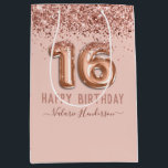 Fancy Script Pink Glitter Happy 16th Birthday Medium Gift Bag<br><div class="desc">Girly glitter,  millennial pink background,  with fancy script name typography. Faux rose gold 16 balloon text. Great for sweet 16 celebrations.</div>