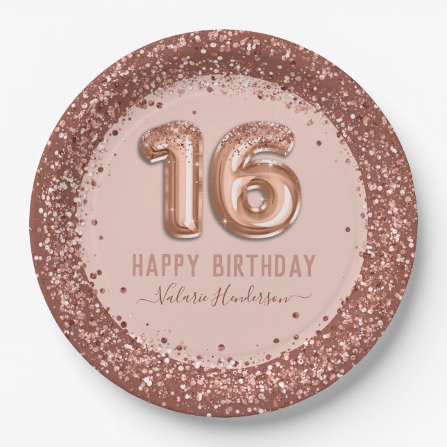 Fancy Script Pink Glitter Happy 16th Birthday Paper Plate (Front)