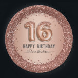 Fancy Script Pink Glitter Happy 16th Birthday Paper Plate<br><div class="desc">Girly glitter,  millennial pink background,  with fancy script name typography. Faux rose gold 16 balloon text. Great for sweet 16 celebrations.</div>