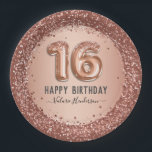 Fancy Script Pink Glitter Happy 16th Birthday Paper Plate<br><div class="desc">Girly glitter,  millennial pink background,  with fancy script name typography. Faux rose gold 16 balloon text. Great for sweet 16 celebrations.</div>