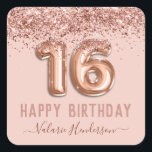Fancy Script Pink Glitter Happy 16th Birthday Square Sticker<br><div class="desc">Girly glitter,  millennial pink background,  with fancy script name typography. Faux rose gold 16 balloon text. Great for sweet 16 celebrations.</div>