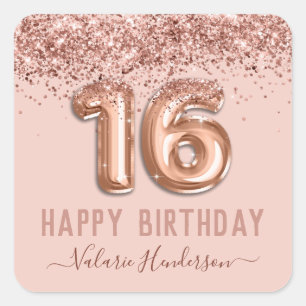 Fancy Script Pink Glitter Happy 16th Birthday Square Sticker