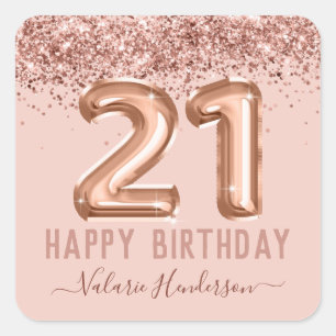 Fancy Script Pink Glitter Happy 21st Birthday Square Sticker