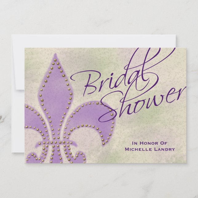 Fancy Script Purple Fleur de Lis Bridal Shower Invitation (Front)