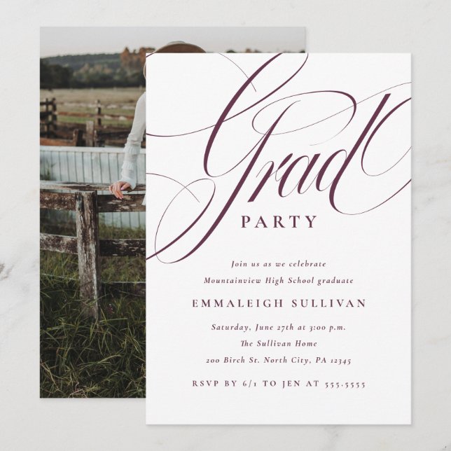 Fancy Script Purple Graduation Party Invitation (Front/Back)