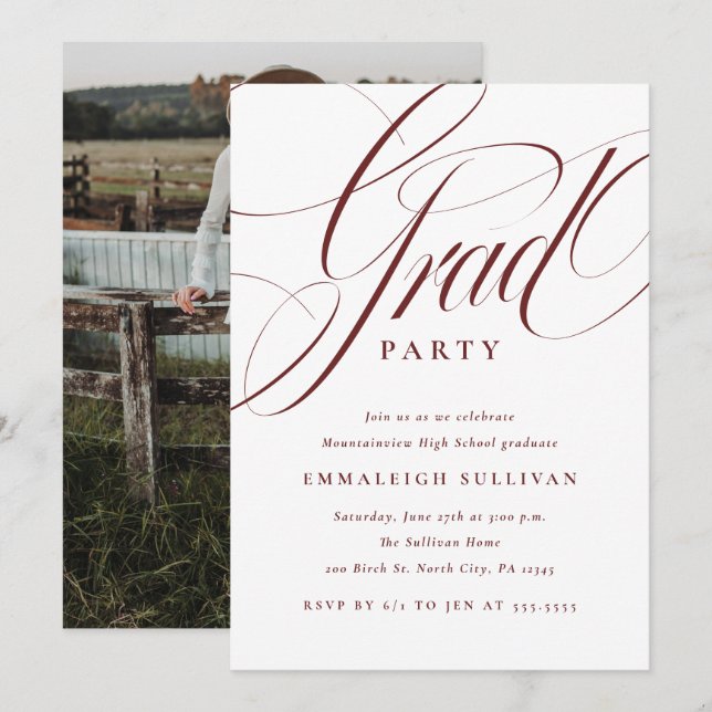 Fancy Script Red Graduation Party Invitation (Front/Back)