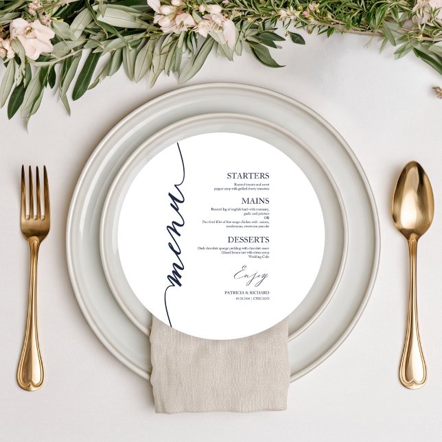 Fancy Script Round Wedding Menu Card For Plate (Creator Uploaded)